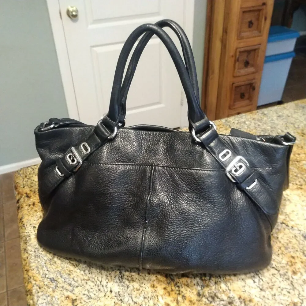 Calvin Klein Black Pebble Leather Convertible Satchel Shoulder Bag Buckle Accent